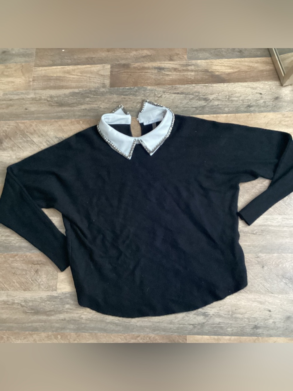 Sioni Black Top with White Jeweled Trimmed Peter Pan Collar